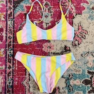 pink yellow and blue striped bikini set